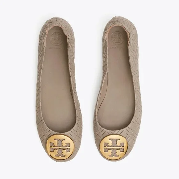 Tory Burch Minnie Travel Ballet Flat Quilted Leather Dust Storm Gold Taupe - Picture 8 of 10